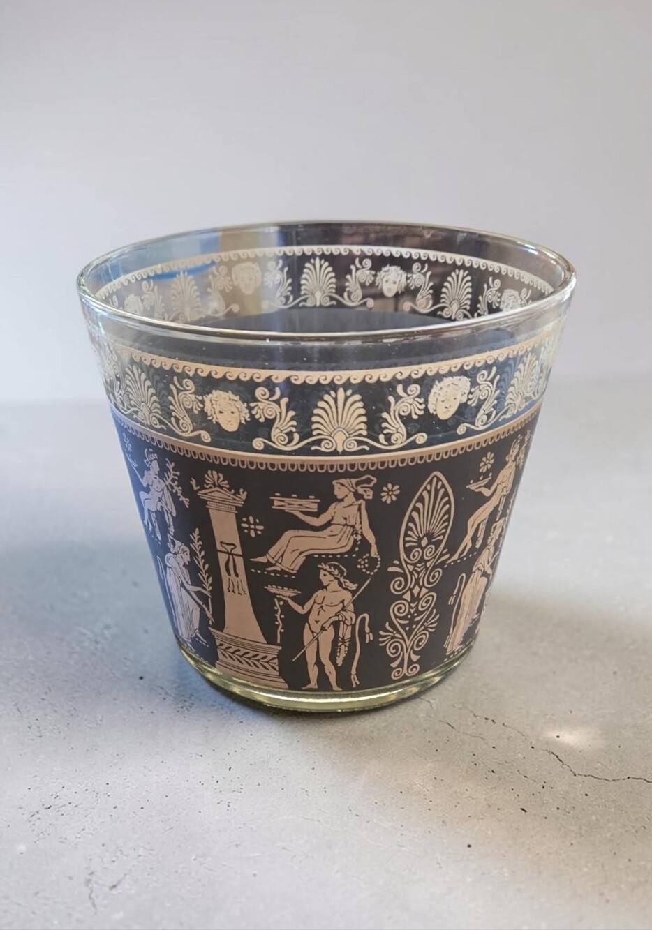 Ice Bucket Jeanette Glass  Corinthian Blue  Grecian Faux-Jasperware  MCM KITCHY